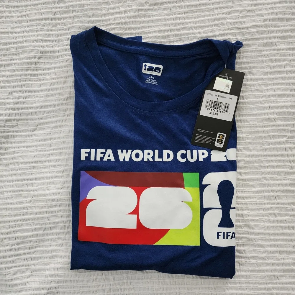 FIFA World Cup 26 Men's Large Muscle Tank Top Navy Blue Graphic Soccer Tee